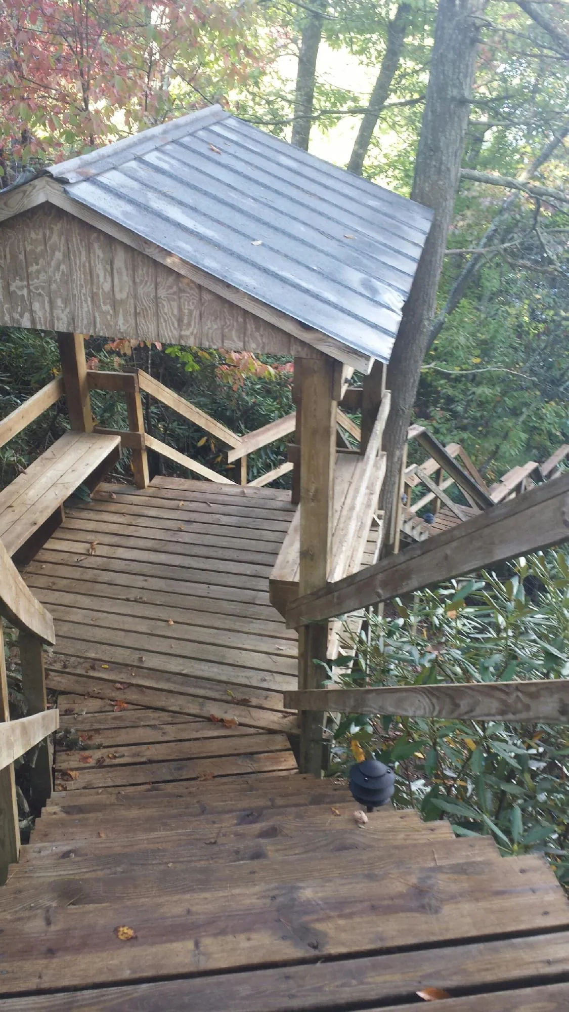 Metal roofed shelter over wooden steps on a wooded walkway — Skylight Repair & Installation work by our crew in Caret
